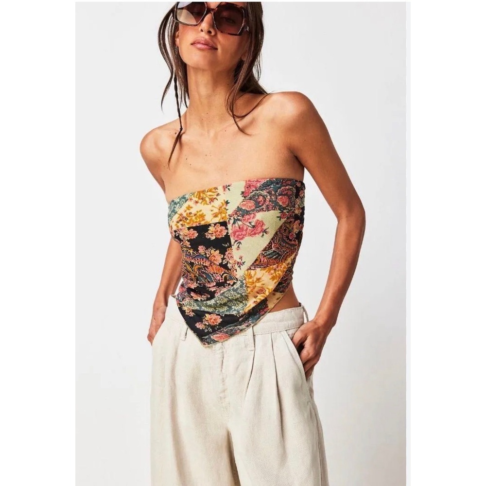 Free People FP One Raya Patchwork Boho Tube Top Bandage Smocked Back Size XS - Picture 3 of 8